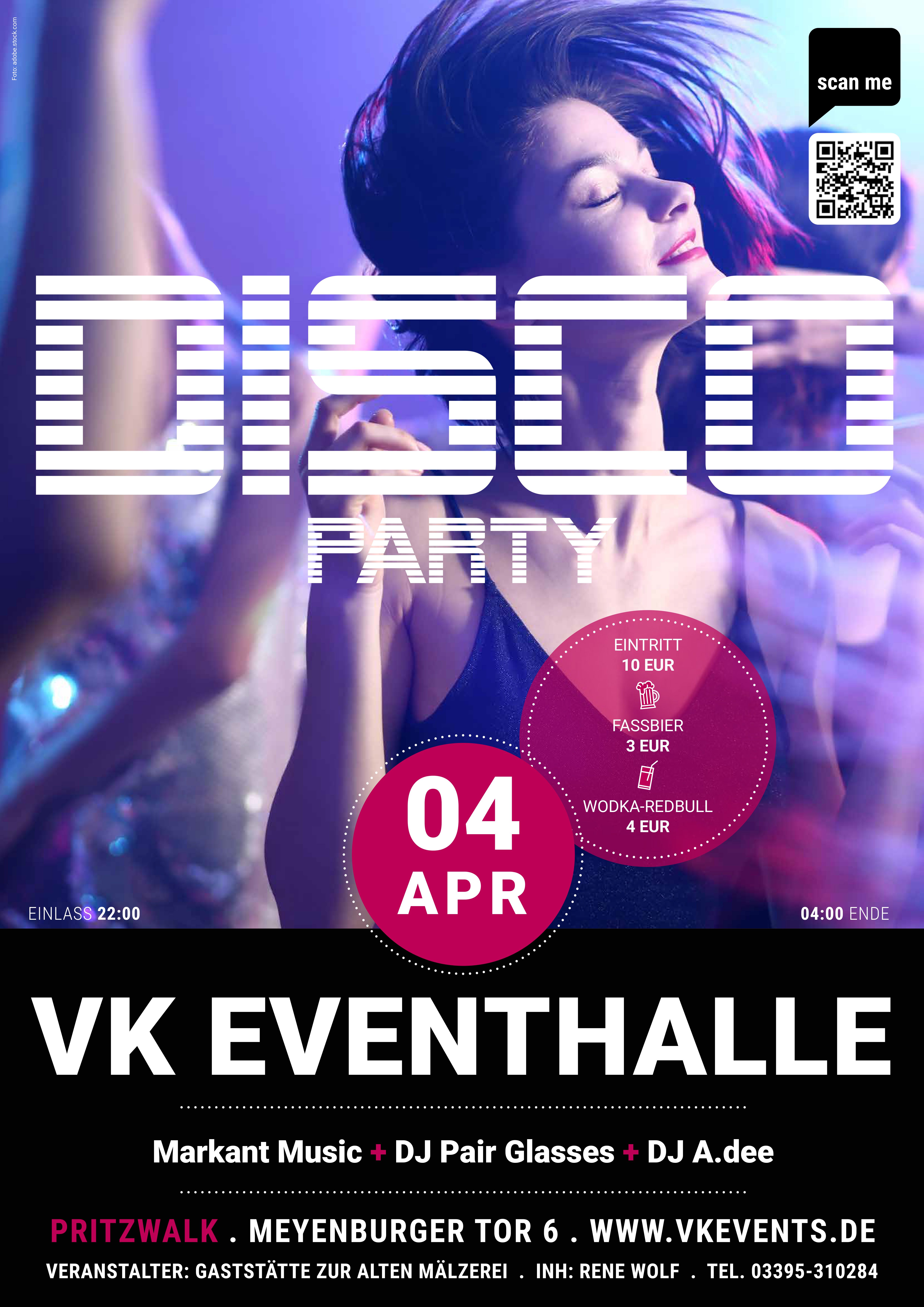 Flyer Disco Party am 04.04.2025 in der VK Eventhalle