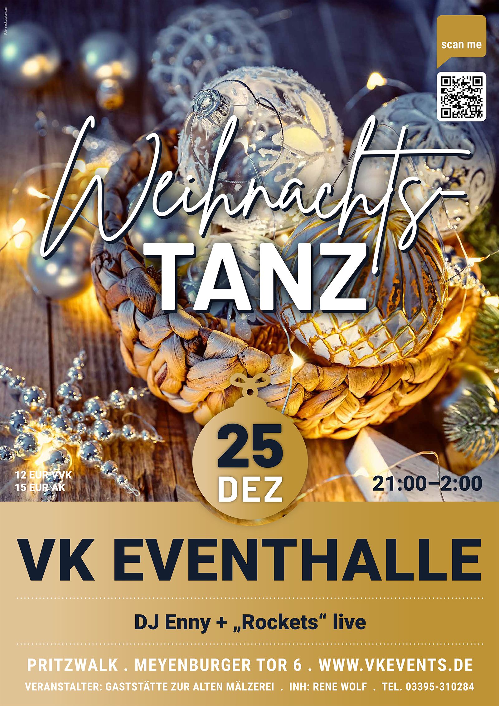 Flyer zum Weihnachtstanz am 25.12.2026 in der VK Eventhalle mit DJ Enny und „Rockets“ live
