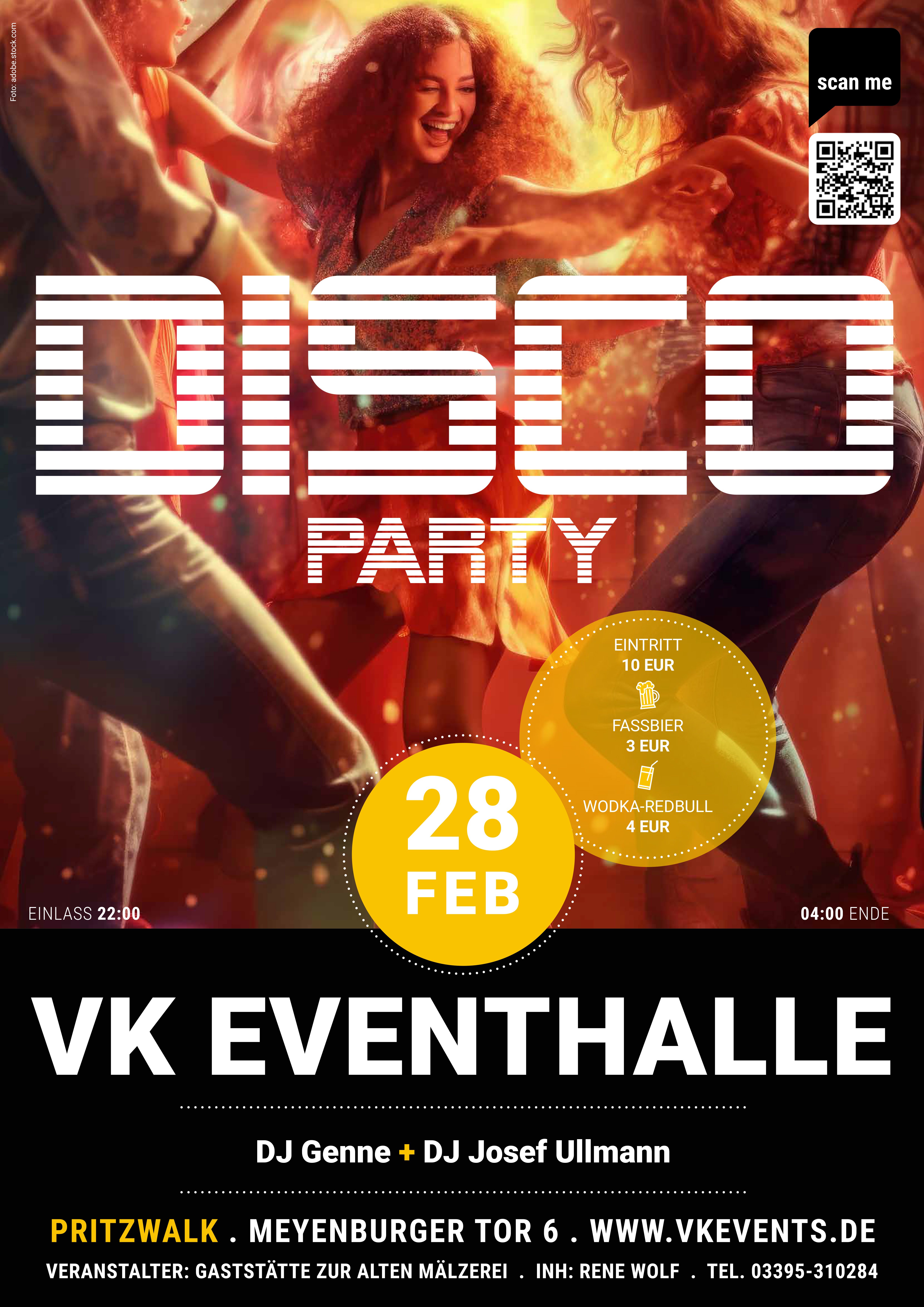Flyer Disco Party am 28.02.2025 in der VK Eventhalle