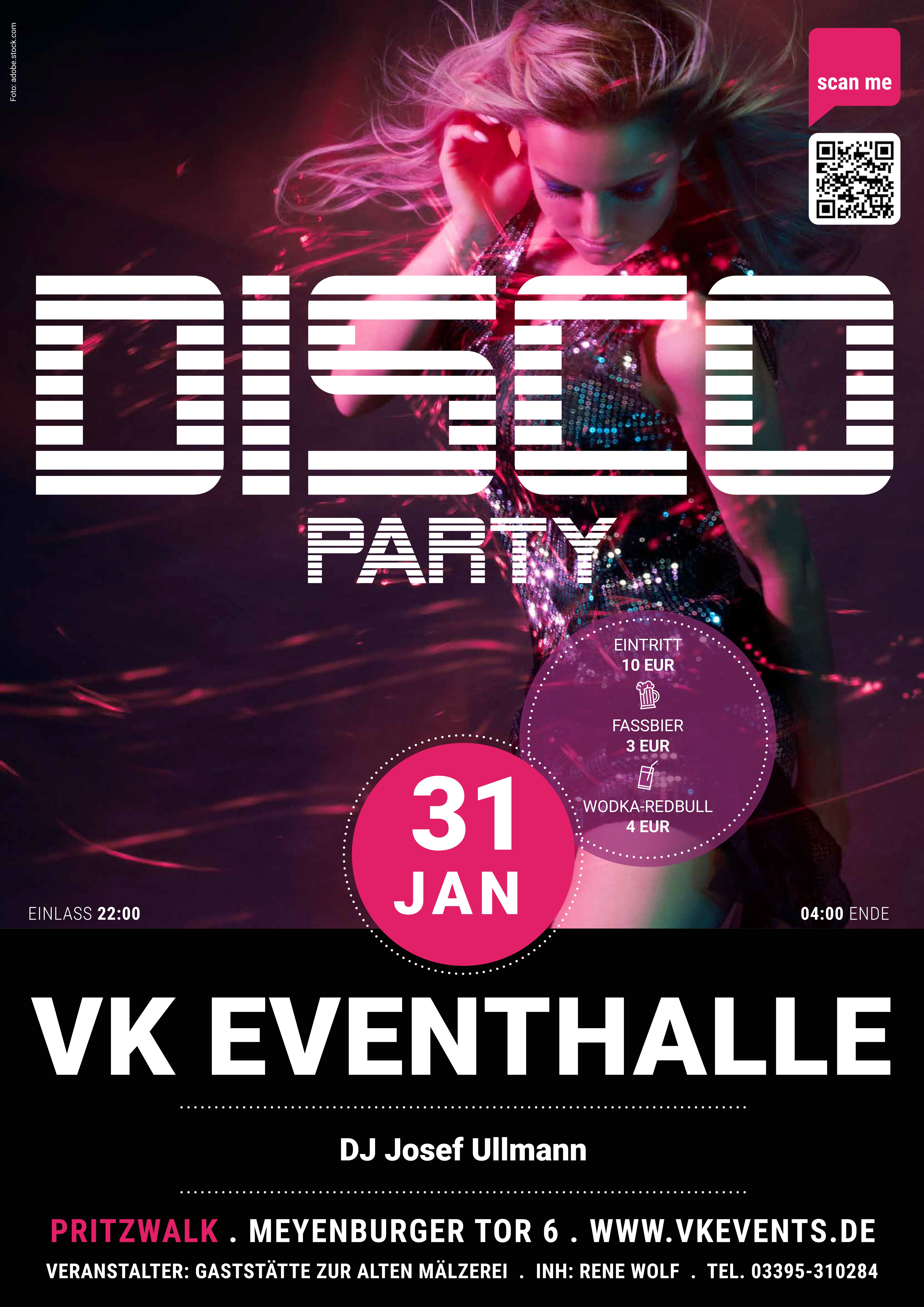 Flyer Disco Party am 31.01.2025 in der VK Eventhalle